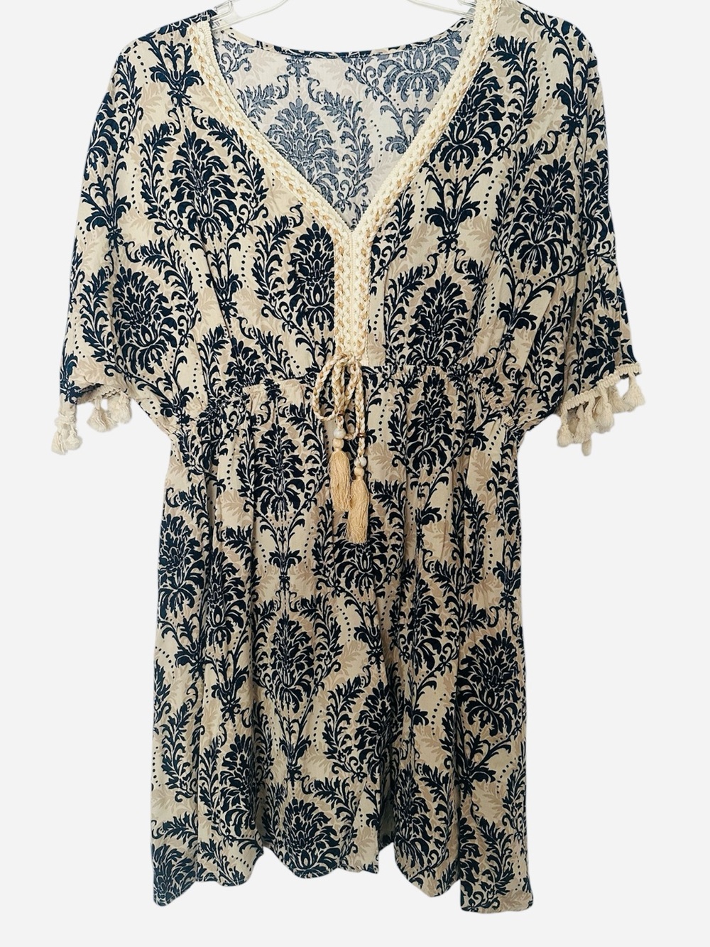 Cupshe-Boho Tassel V-Neck Mini Dress in Cream and Navy- Large